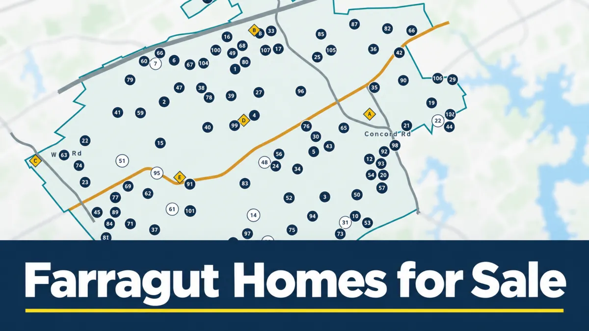 Map of Farragut residential areas with numbered locations and the title Farragut Homes for Sale