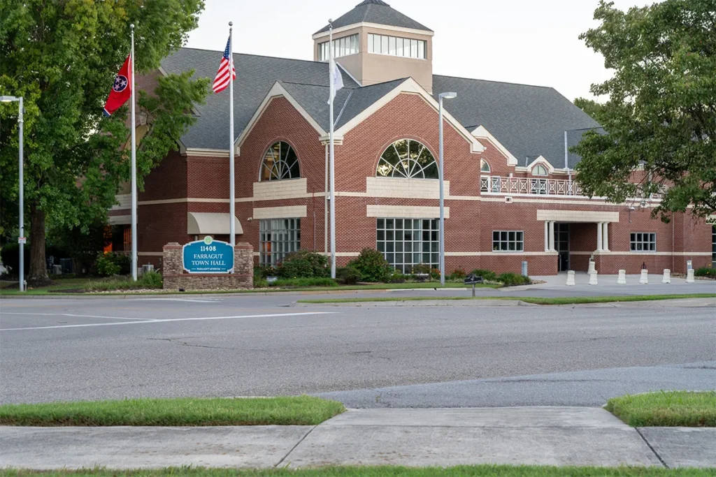 Farragut Town Hall and entrance sign in Farragut, Tennessee