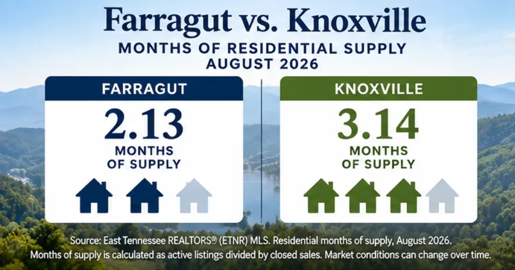 Farragut vs Knoxville housing inventory showing 2.13 months of supply in Farragut and 3.14 months in Knoxville in August 2026
