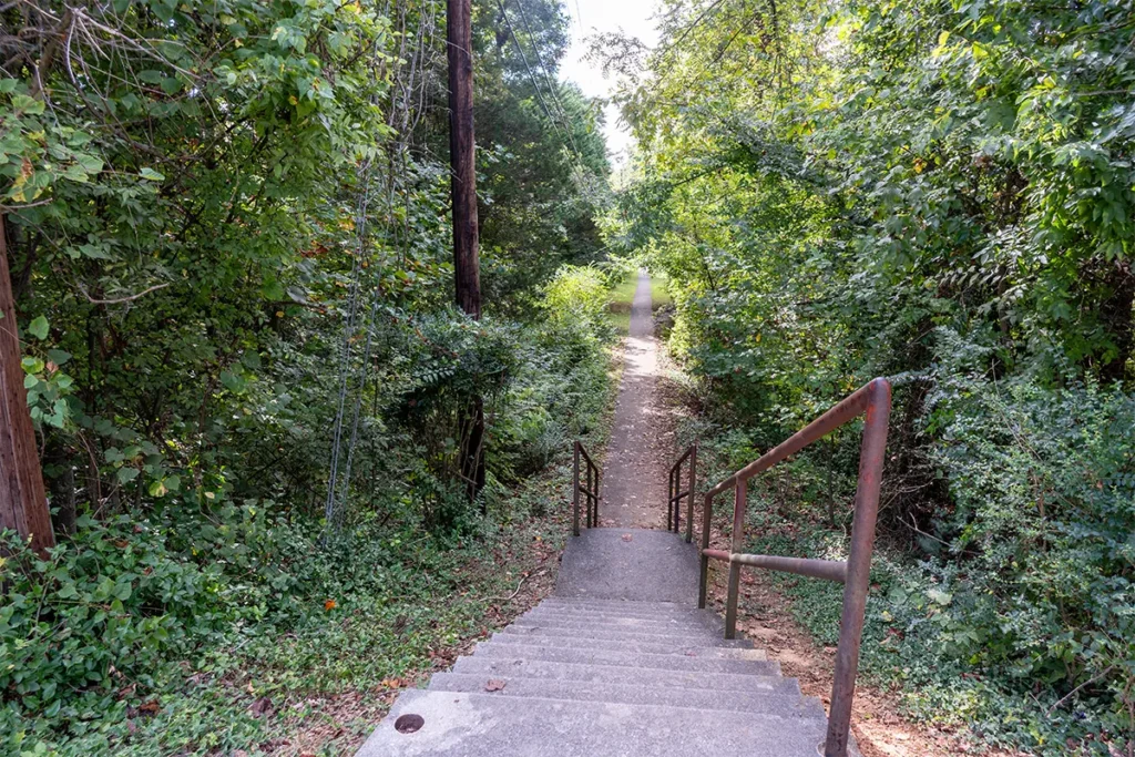 Twenty-four steps descending from Sonja Drive to the paved Farragut school-campus connector