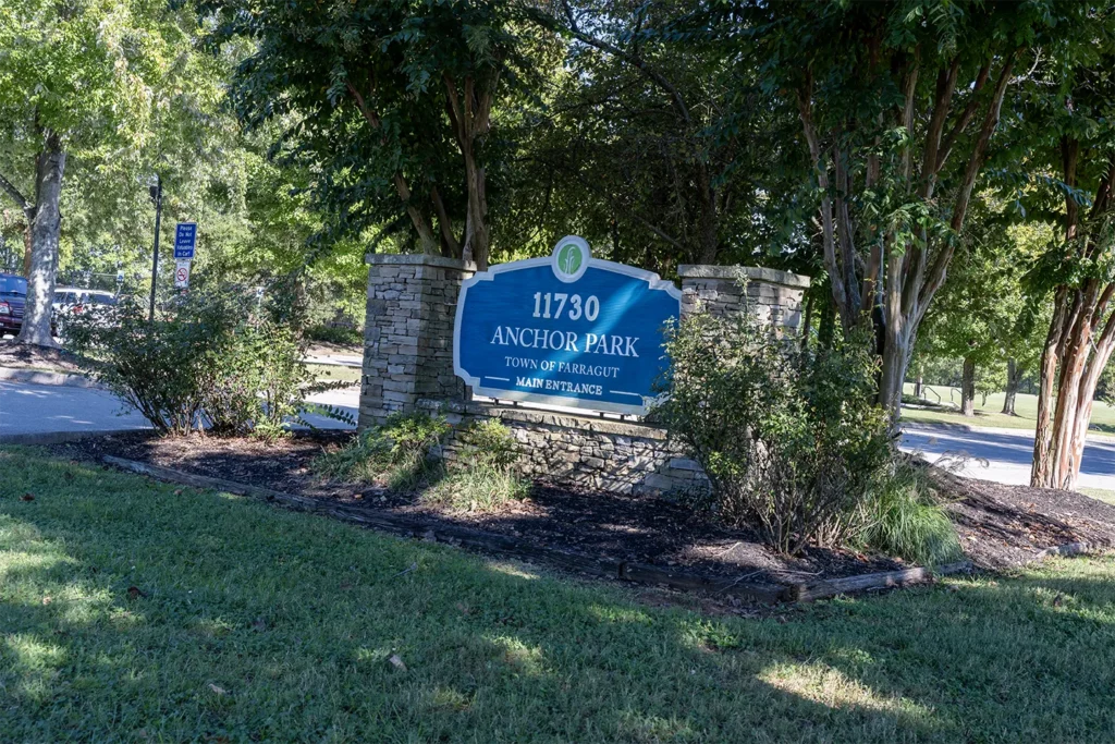 Anchor Park entrance sign beside Turkey Creek Road in Farragut Tennessee