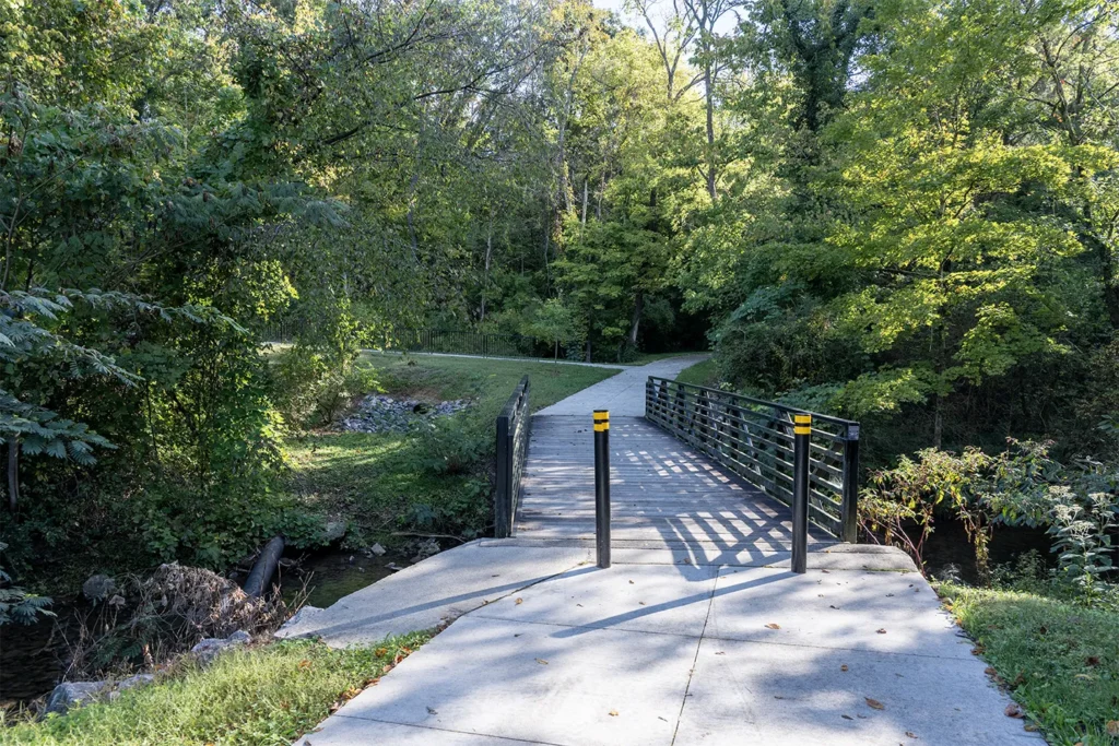 Bridge and bollards at the Sheffield and Little Turkey Creek Greenway junction in Farragut