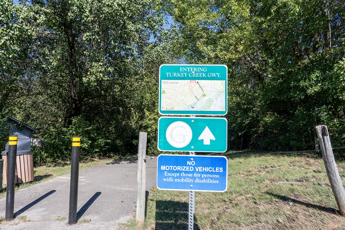 Turkey Creek Greenway entrance sign and bollards in Farragut, Tennessee