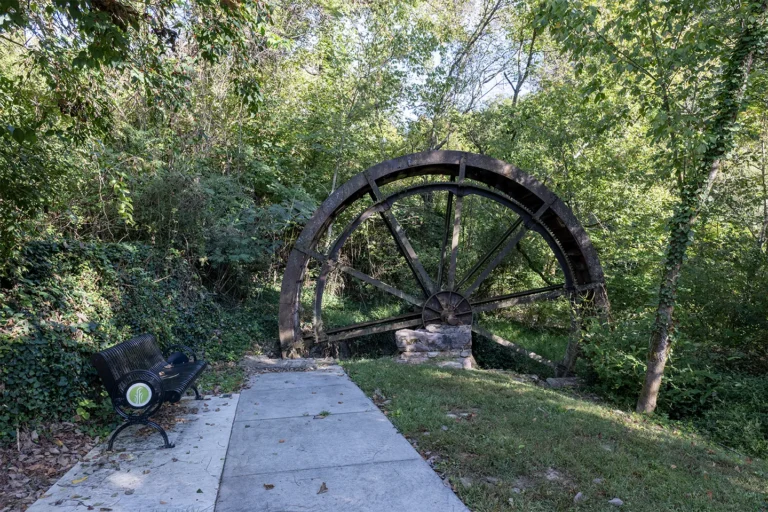 Historic Virtue Mill waterwheel beside Little Turkey Creek in Farragut, Tennessee