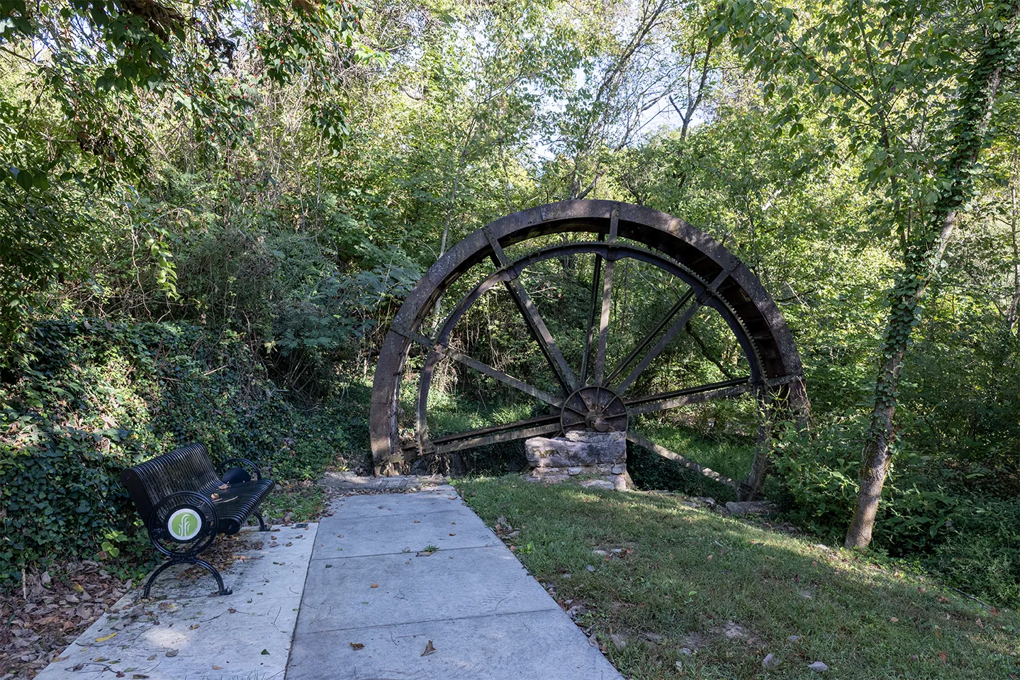 Historic Virtue Mill waterwheel beside Little Turkey Creek in Farragut, Tennessee