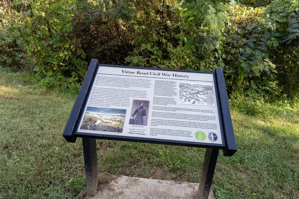 Virtue Road Civil War History marker at the Virtue Mill site in Farragut, Tennessee